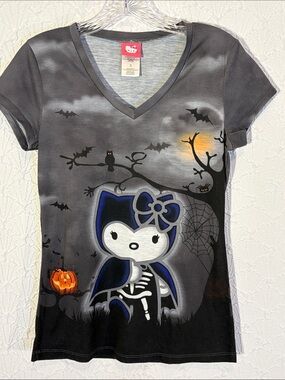 Vintage Hello Kitty Kids skeleton graphic Halloween Gray Ghost Costume Tee